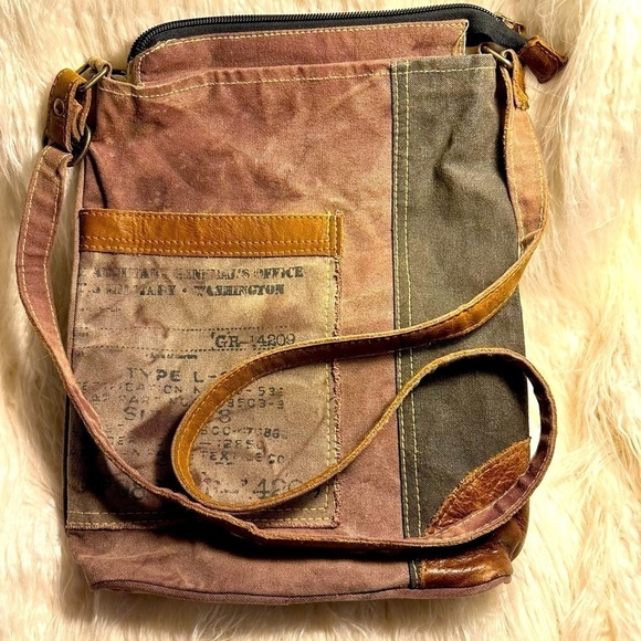 Mona B Distressed Canvas Leather Trim Bag Purse Crossbody Shoulder Bag Brown - Picture 1 of 16